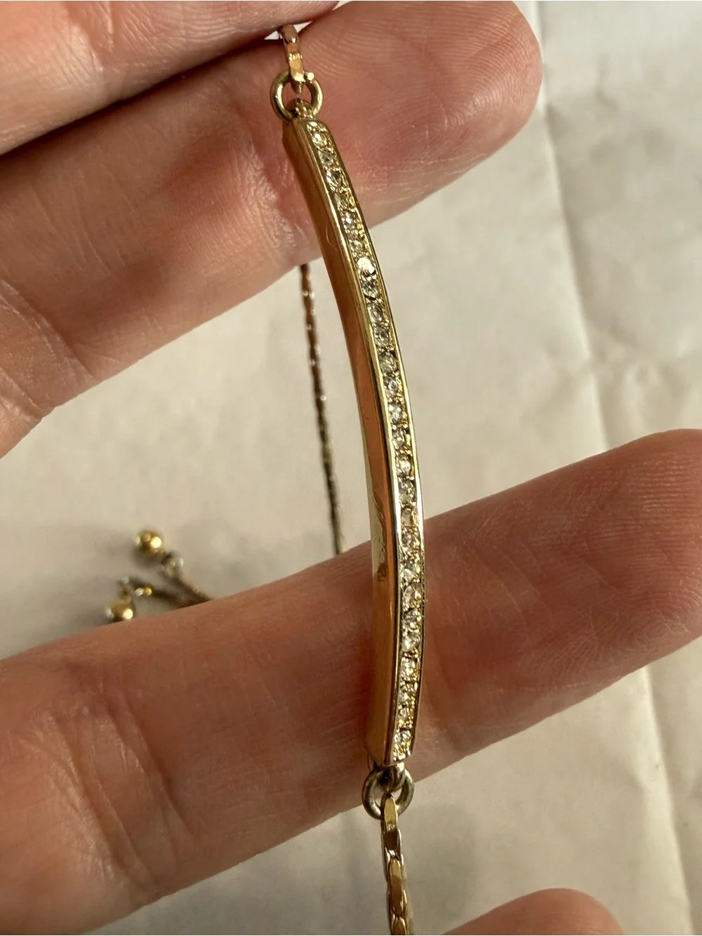 Dainty Lariat Adjustable Gold Tone Bar Slider Bracelet with Small Rhinestones